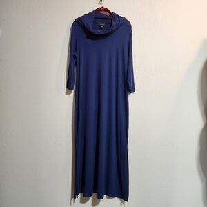 J. JILL WEAREVER COWL NECK NAVY MIDI DRESS SPLIT HEM ON SIDES 3/4 SLEEVES SZ MP